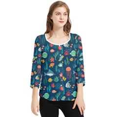 Variety Of Fish Illustration Turtle Jellyfish Art Texture Chiffon Quarter Sleeve Blouse by Grandong