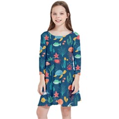 Variety Of Fish Illustration Turtle Jellyfish Art Texture Kids  Quarter Sleeve Skater Dress by Grandong