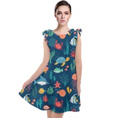 Variety Of Fish Illustration Turtle Jellyfish Art Texture Tie Up Tunic Dress by Grandong