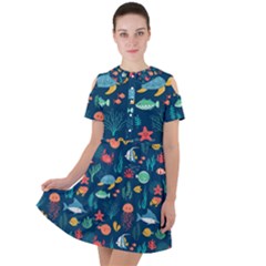 Variety Of Fish Illustration Turtle Jellyfish Art Texture Short Sleeve Shoulder Cut Out Dress  by Grandong