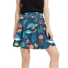 Variety Of Fish Illustration Turtle Jellyfish Art Texture Waistband Skirt by Grandong