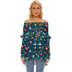 Variety Of Fish Illustration Turtle Jellyfish Art Texture Off Shoulder Chiffon Pocket Shirt by Grandong