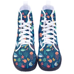 Variety Of Fish Illustration Turtle Jellyfish Art Texture Kid s High-top Canvas Sneakers by Grandong