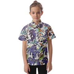 Purple Orange Green Blue Cartoon Kids  Short Sleeve Shirt by Grandong