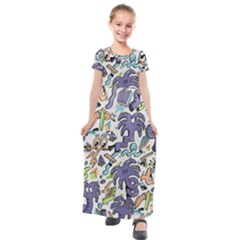 Purple Orange Green Blue Cartoon Kids  Short Sleeve Maxi Dress by Grandong