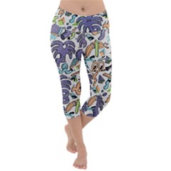 Purple Orange Green Blue Cartoon Lightweight Velour Capri Yoga Leggings by Grandong