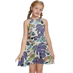 Purple Orange Green Blue Cartoon Kids  Halter Collar Waist Tie Chiffon Dress by Grandong