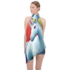 Unicorn Design Halter Asymmetric Satin Top