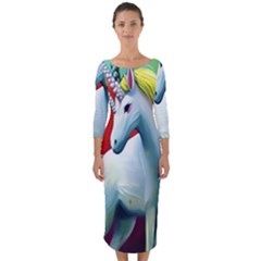 Unicorn Design Quarter Sleeve Midi Bodycon Dress