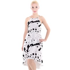 Monochrome Mirage  High-low Halter Chiffon Dress 