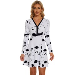 Monochrome Mirage  Long Sleeve Deep V Mini Dress 