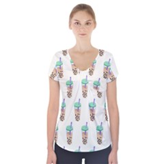 Cute Boba Short Sleeve Front Detail Top