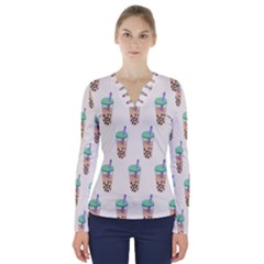 Cute Boba V-neck Long Sleeve Top by artworkshop