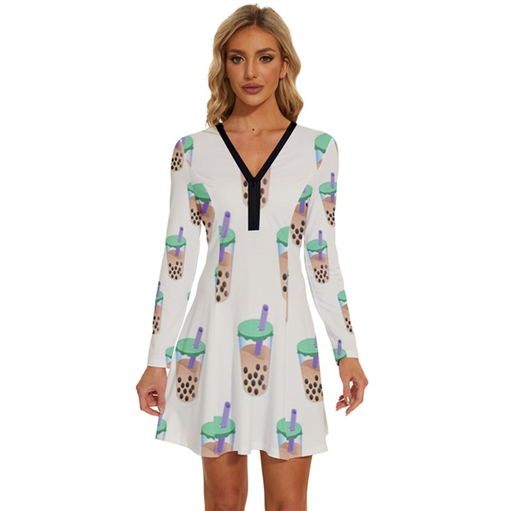 Cute boba Long Sleeve Deep V Mini Dress 