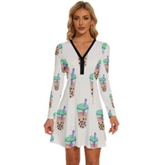 Cute Boba Long Sleeve Deep V Mini Dress  by artworkshop