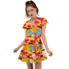 Wallpaper Emoji Flutter Sleeve Wrap Dress