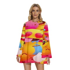 Wallpaper Emoji Round Neck Long Sleeve Bohemian Style Chiffon Mini Dress