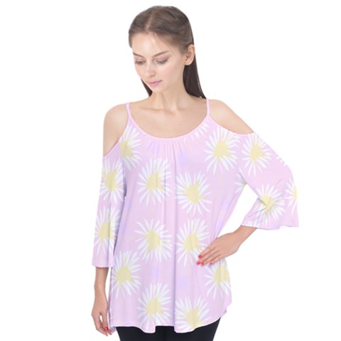 Mazipoodles Bold Daisies Pink Flutter Sleeve Tee  by Mazipoodles