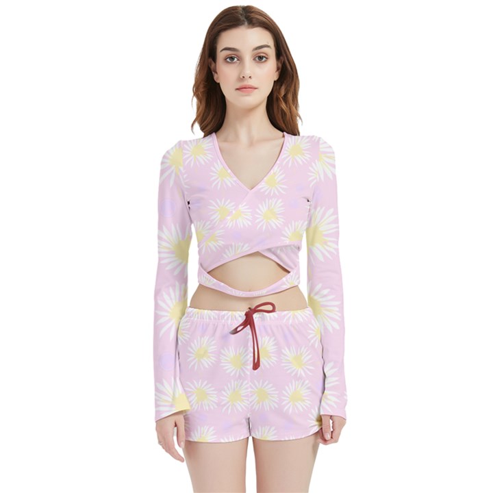 Mazipoodles Bold Daisies Pink Velvet Wrap Crop Top and Shorts Set