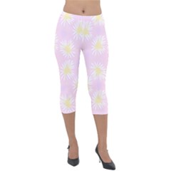 Mazipoodles Bold Daisies Pink Lightweight Velour Capri Leggings  by Mazipoodles