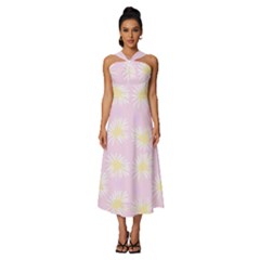 Mazipoodles Bold Daisies Pink Sleeveless Cross Front Cocktail Midi Chiffon Dress by Mazipoodles