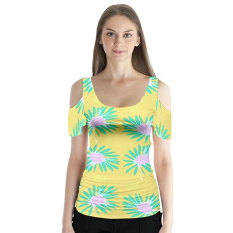 Mazipoodles Bold Daises Yellow Butterfly Sleeve Cutout Tee  by Mazipoodles