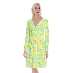 Mazipoodles Bold Daises Yellow Long Sleeve Velvet Front Wrap Dress by Mazipoodles