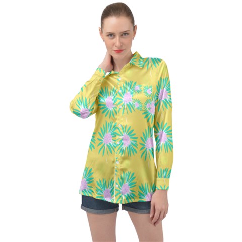 Mazipoodles Bold Daises Yellow Long Sleeve Satin Shirt by Mazipoodles