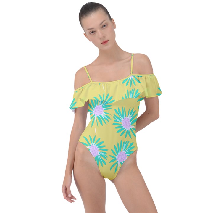 Mazipoodles Bold Daises Yellow Frill Detail One Piece Swimsuit