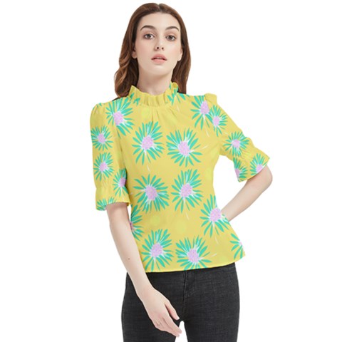 Mazipoodles Bold Daises Yellow Frill Neck Blouse by Mazipoodles