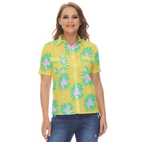 Mazipoodles Bold Daises Yellow Women s Short Sleeve Double Pocket Shirt by Mazipoodles