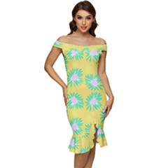 Mazipoodles Bold Daises Yellow Off Shoulder Ruffle Split Hem Bodycon Dress by Mazipoodles