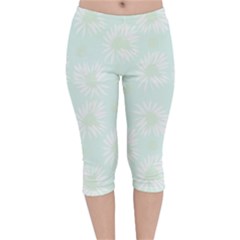 Mazipoodles Bold Daisies Spearmint Velvet Capri Leggings  by Mazipoodles