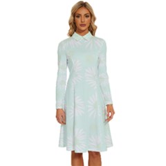 Mazipoodles Bold Daisies Spearmint Long Sleeve Shirt Collar A-line Dress by Mazipoodles