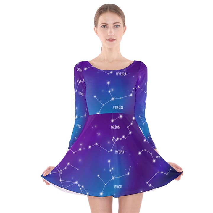 Realistic Night Sky With Constellations Long Sleeve Velvet Skater Dress