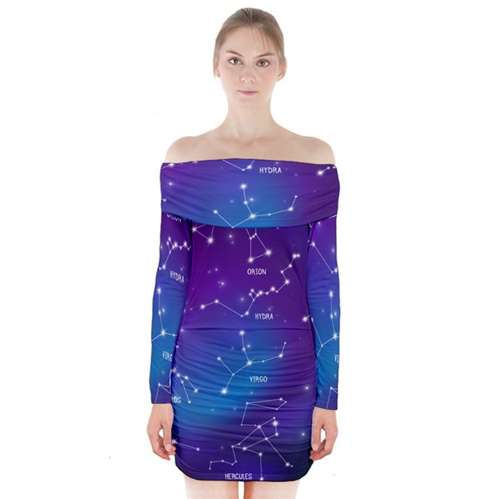 Realistic Night Sky With Constellations Long Sleeve Off Shoulder Dress