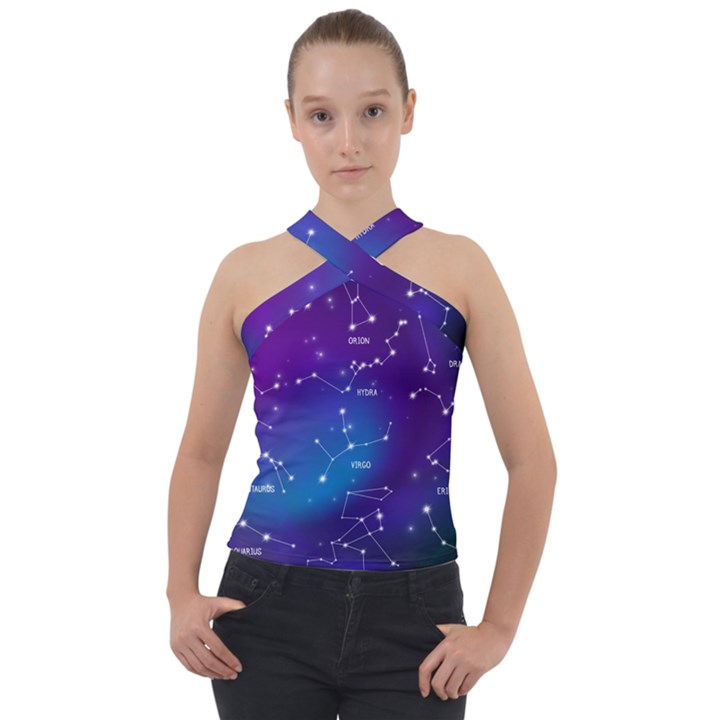 Realistic Night Sky With Constellations Cross Neck Velour Top