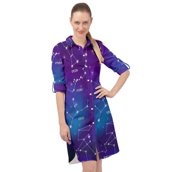 Realistic Night Sky With Constellations Long Sleeve Mini Shirt Dress