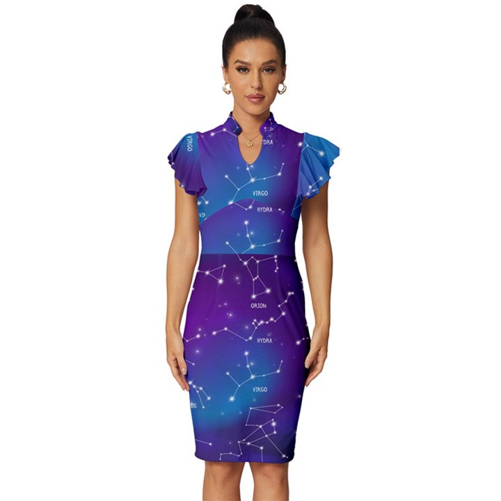 Realistic Night Sky With Constellations Vintage Frill Sleeve V-Neck Bodycon Dress