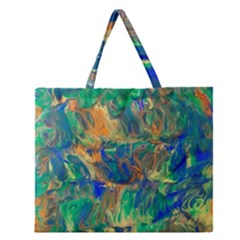 Blue On Green Flow Zipper Large Tote Bag by kaleidomarblingart