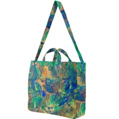 Blue On Green Flow Square Shoulder Tote Bag by kaleidomarblingart