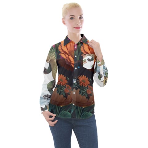 Crocodile Vs Monkey Watercolor 1 Dreamshaper V7 3d Floral 0 Women s Long Sleeve Pocket Shirt by mohdmosin2535