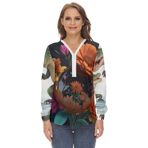 Crocodile Vs Monkey Watercolor 1 Dreamshaper V7 3d Floral 0 Zip Up Long Sleeve Blouse by mohdmosin2535