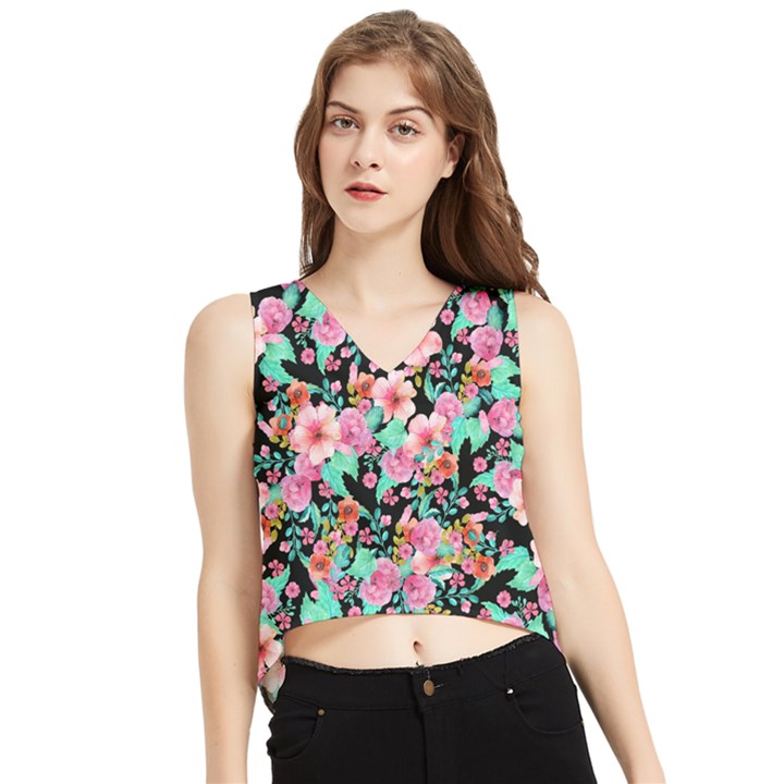 Flower Black Pink V-Neck Cropped Tank Top