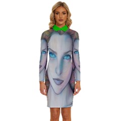 Woman  Sketch With Blue Eyes Design  Long Sleeve Shirt Collar Bodycon Dress by Trending