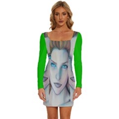 Woman  Sketch With Blue Eyes Design  Long Sleeve Square Neck Bodycon Velvet Dress by Trending