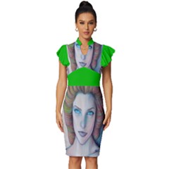 Woman  Sketch With Blue Eyes Design Vintage Frill Sleeve V-neck Bodycon Dress by Trending