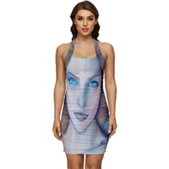 Woman Sketch With Blue Eyes Design Sleeveless Wide Square Neckline Ruched Bodycon Dress by Trending