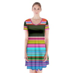 Horizontal Line Colorful Short Sleeve V-neck Flare Dress by Grandong