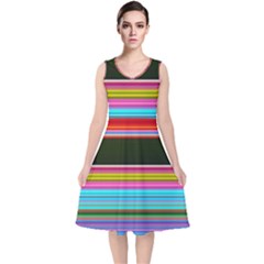 Horizontal Line Colorful V-neck Midi Sleeveless Dress  by Grandong